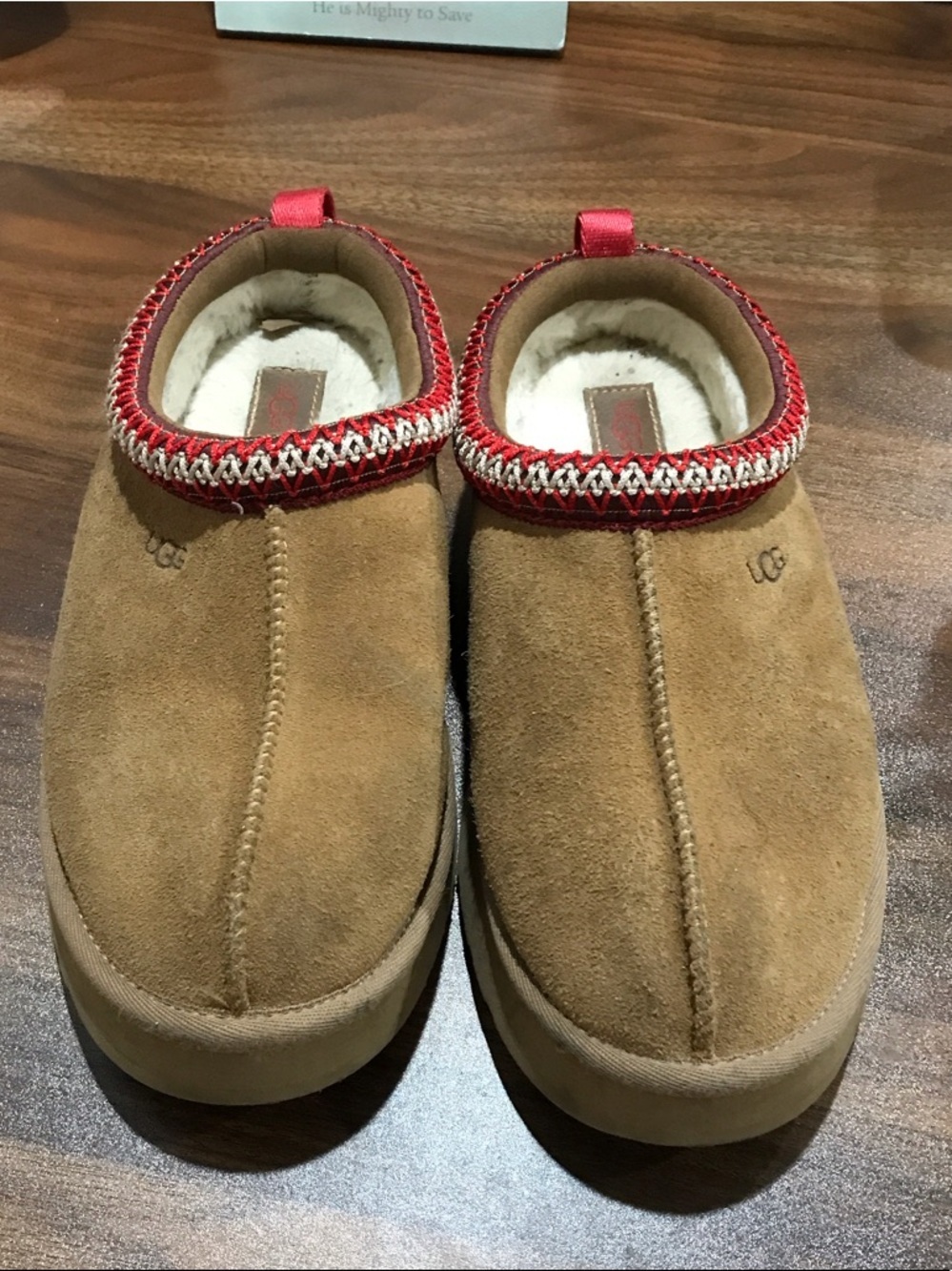 UGG Chestnut Suede Slip-On Slippers with Red Trim size 5